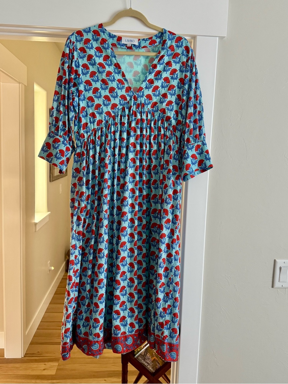 Livro Blue Floral V-Neck Midi Dress with Red Accents